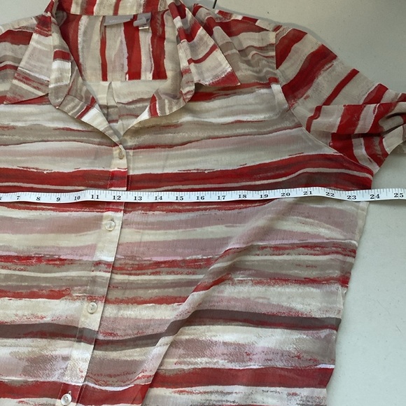 Chico's Red Gray Striped Blouse 3/4 sleeve semi sheer button front shirt 3 or XL - Picture 7 of 10